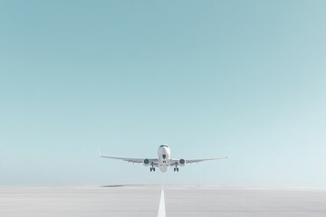 Fototapeta premium Airplane approaching runway under clear blue sky, showcasing mod