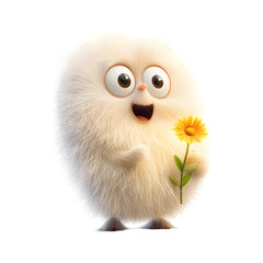 Fluffy 3D Cartoon Bird with Flower in Beak and Surprised Face Isolated on Transparent Background