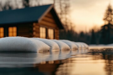 Rustic cabin beside tranquil water reflects warm sunset hues and