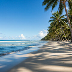 Photo of a long beach, on one side of the beach the lapping waves against the shore, white sand extends into the distance, on the other side, a row of palm trees runs parallel to the shoreline. 