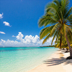 Landscape of a tropical beach with stunning turquoise water, fine white sand and a vibrant sky. Idilic destination for a summer holiday 