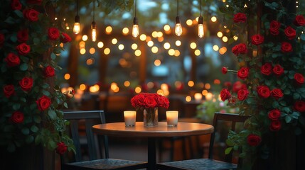 Intimate Lovers' Day: Romantic outdoor table for two with red roses, candles, and fairy lights
