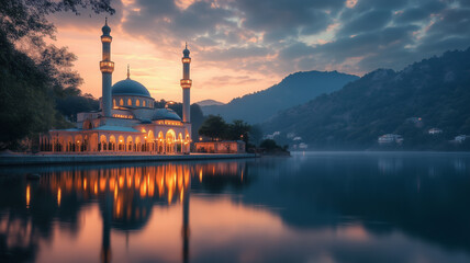 Obraz premium Serene Mosque at Sunrise Reflected in Still Water