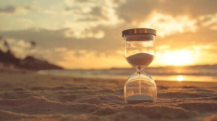 A sand timer is on the beach at sunset