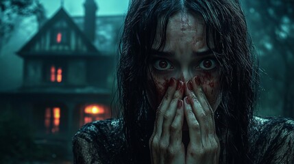 A terrified woman with bloodstained hands covers her mouth, standing before a haunted house with eerie glowing windows in a foggy, ominous atmosphere