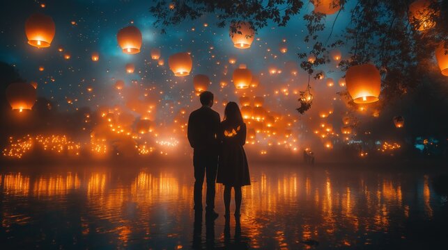 Love in the stars: Couple releasing glowing lanterns into a starlit night sky with heartfelt notes