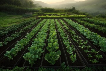 Obraz premium Lush green rows of vegetables stretch across tranquil landscape