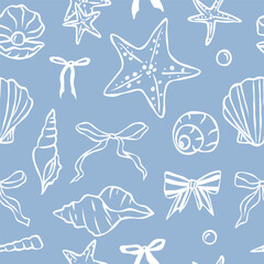 Fototapeta premium Hand drawn whimsical shells and bows seamless pattern