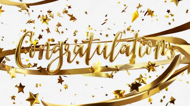 Congratulations text handwriting with golden stars particles, confetti, sparkles. Golden text on a white background. Suitable for celebrations