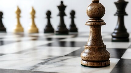 A wooden chess piece is on a black and white checkered board