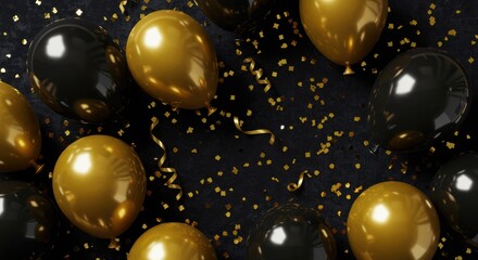 A luxurious flat-lay background featuring glossy black and gold balloons sprinkled with metallic confetti on a dark velvet surface