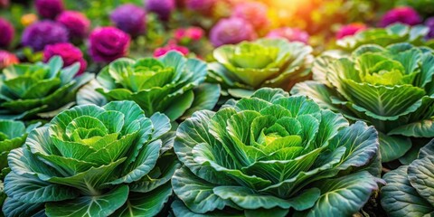 Fototapeta premium A dense cluster of green cabbage leaves growing in a lush garden with vibrant flowers and foliage around them, plants