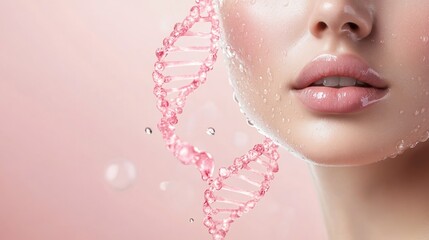 Close-up of a beautiful woman's face and the double helix of DNA behind her, a shining molecular structure, the concept of healthy skin for youth