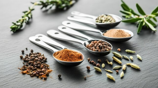A macro shot of measuring spoons with spices like turmeric, cinnamon, and cumin on a slate background.
