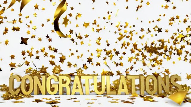 Congratulations text handwriting with golden stars particles, confetti, sparkles. Golden text on a white background. Suitable for celebrations