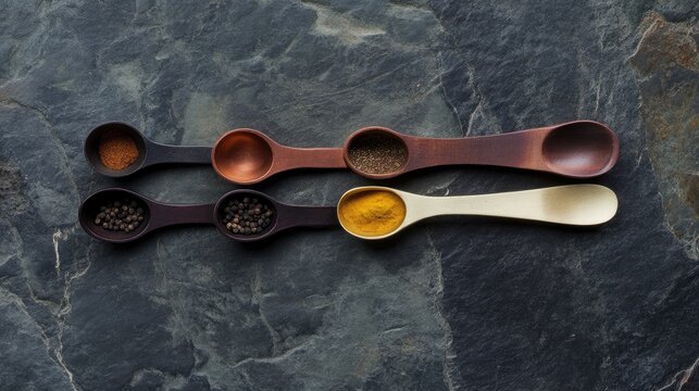 A macro shot of measuring spoons with spices like turmeric, cinnamon, and cumin on a slate background.