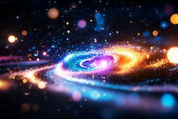 Obraz premium Iridescent Cosmic Spiral – A supernova explosion forms into a luminous spiral of iridescent colors, with brilliant golds, blues, and purples radiating outward in a mesmerizing cosmic pattern