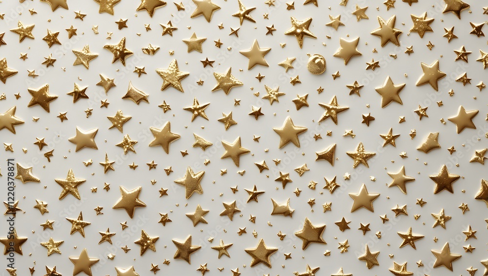 Poster a white background scattered with small, gold stars of various sizes, creating a whimsical and festi