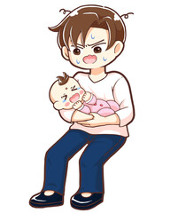 泣いている赤ちゃんを不安げに抱っこしている父親