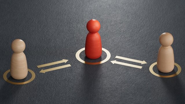 Three pawns and golden arrows. Concept of interpersonal conflict management and conciliator.3D rendering on black background.