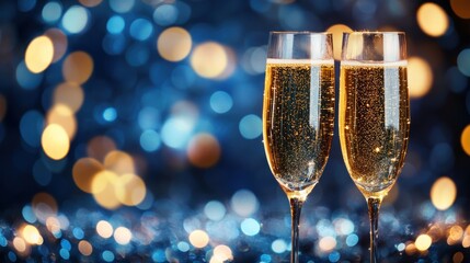Two Glasses of Sparkling Champagne Against a Festive Background