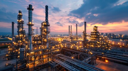Industrial Oil Refinery at Dusk with Illuminated Structures and Sky