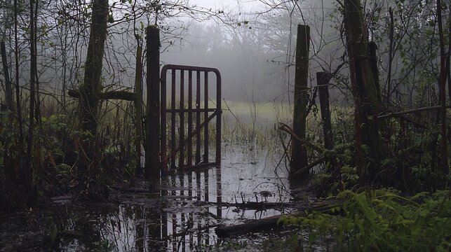 A foggy path through a dark forest with a rustic metal gate in a flooded field - Powered by Adobe