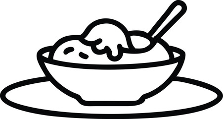 Bowl of ice cream, simple line drawing, black and white illustration, minimalist design, single scoop, whipped cream topping, dessert spoon, dish on saucer, cartoon style, clean lines, vector graphic,