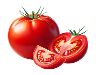 Isolated tomato. Whole and cut fresh tomatoes isolated on white background with clipping path