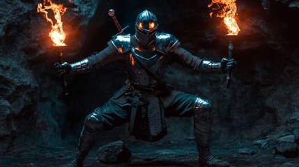 Fototapeta premium full-body shot of an armored knight holding two torches, one in each hand, and standing on one knee with a helmet on and a sword hanging by its hilt at his side, against a dark cave background.