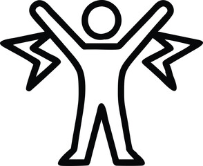 Minimalist stick figure drawing, triumphant pose, arms raised, dynamic motion lines, black and white illustration, simple geometric shapes, abstract human form, victory symbol, celebratory icon, bold 