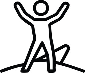 Minimalist stick figure drawing, triumphant pose, arms raised, dynamic motion lines, black and white illustration, simple geometric shapes, abstract human form, victory symbol, celebratory icon, bold 