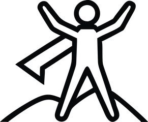 Minimalist stick figure drawing, triumphant pose, arms raised, dynamic motion lines, black and white illustration, simple geometric shapes, abstract human form, victory symbol, celebratory icon, bold 