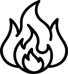 Minimalist fire icon, stylized flame logo, black and white graphic, simple line drawing, rounded contours, bold outline, symmetrical design, abstract fire symbol, vector illustration, clean geometric 