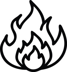 Minimalist fire icon, stylized flame logo, black and white graphic, simple line drawing, rounded contours, bold outline, symmetrical design, abstract fire symbol, vector illustration, clean geometric 