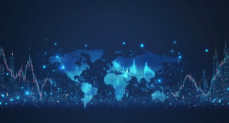 Global Market: Analyzing Economic Trends with Digital Visualizations of Worldwide Financial Data and Cityscapes, Showcasing Technological Advancements in Market Analysis