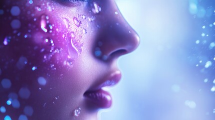 Fototapeta premium Close-up of a beautiful woman's face and the double helix of DNA behind her, a shining molecular structure, the concept of healthy skin for youth