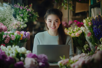 Smiling asian woman florist managing her business, working on a laptop in her flower shop. Self employed florist working at flower shop