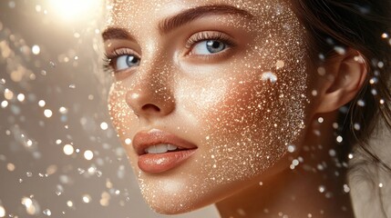 Close-up of a beautiful woman's face and the double helix of DNA behind her, a shining molecular structure, the concept of healthy skin for youth