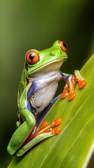 Colorful Frog on Green Leaf with Bright Eyes and Vivid Skin Details