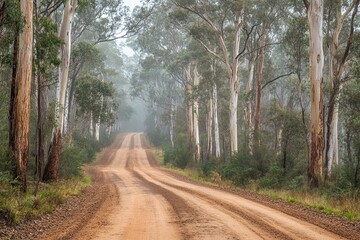 Obraz premium Misty Road Winding Through Eucalyptus Trees on a Foggy Morning in the Australian Outback, Scenic Drive, Tranquil Landscape, Nature Photography