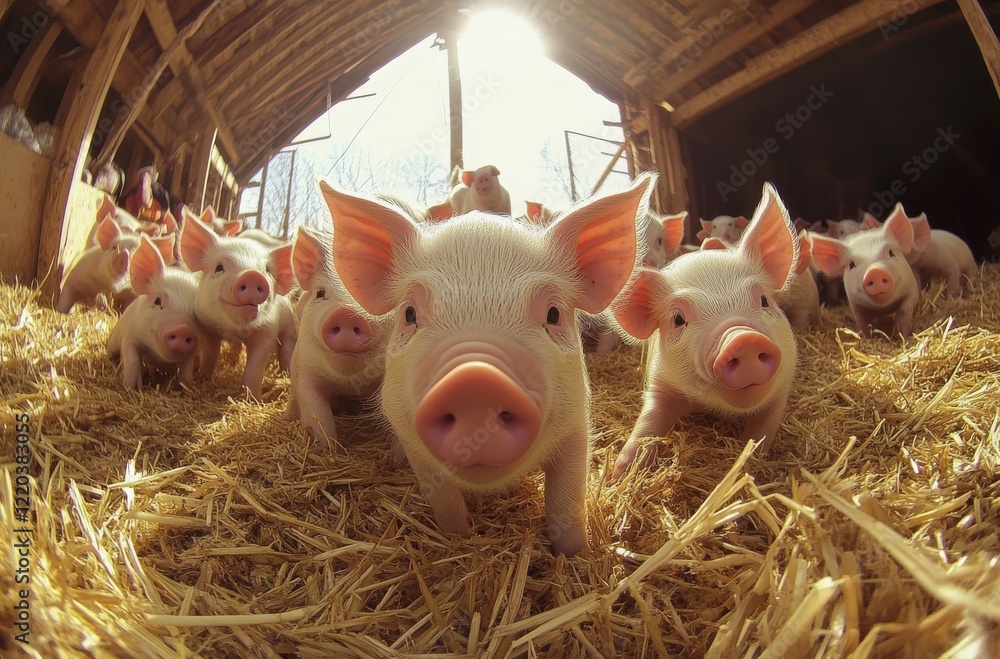 Poster a charming group of piglets exploring their barn environment in soft morning light with straw on the