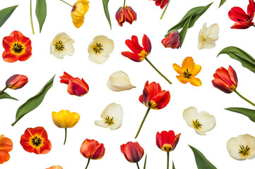 Colorful tulips arranged on a bright surface, cut out - stock png.