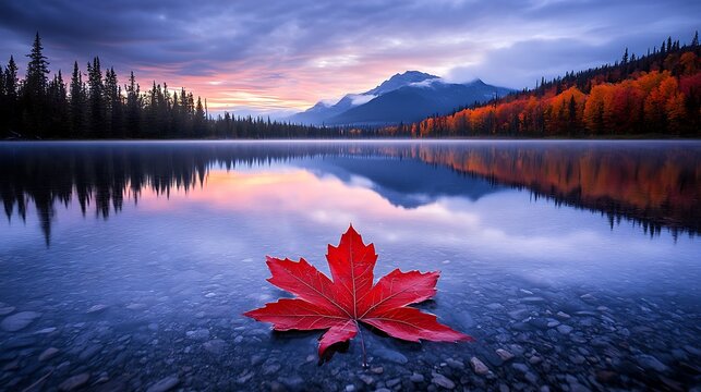 A single red leaf floating on a still pond, reflecting the sky and surrounded by the colors of autumn.