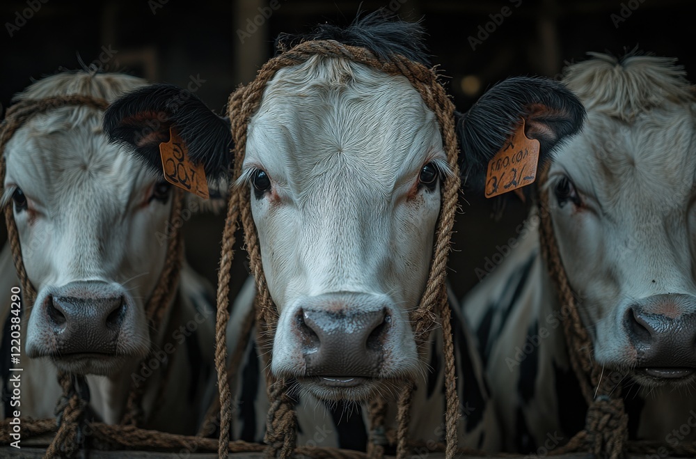 Poster a close-up perspective of three curious dairy cows with rope halters in a barn environment under sof