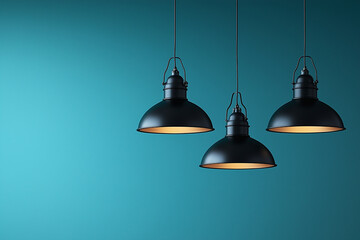 Obraz premium Three Black Pendant Lamps Hanging Against Blue Background, Industrial Style.