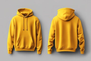 Front and back view of a vibrant mustard yellow hoodie mockup.