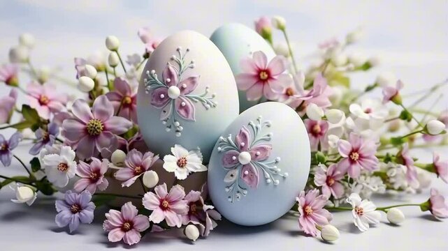 Easter background. Multicolored painted decorative eggs with spring flowers. Beautiful composition for Easter holiday, postcard. Festive background