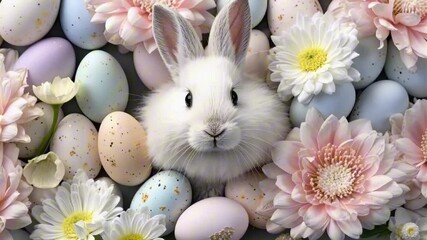 Easter background. Fluffy cute bunny, painted Easter eggs, spring flowers. Festive composition, funny Easter card with animal. Delicate pastel colors.