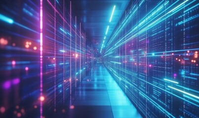 Glow of Blue and Purple LED Lights in Modern Data Storage Facility Server Corridor for High-Speed Computing, Internet, and Cloud Service, Generative AI